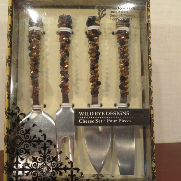 NWOT Wild Eye Gold Rush Cheese Serving Set Beaded Handles in Box (159V) - Picture 2 of 6